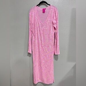 New QOS Pink Full Sequin Knit Tie Long Sleeve Midi Coverup